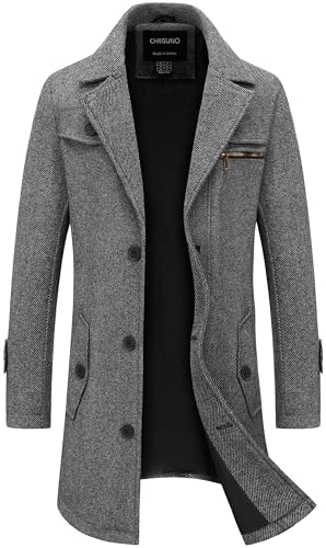 Chrisuno Men's Classic Long Pea Coat Warm Wool Blend Winter Trench Coat Single Breasted Overcoat with Detachable Collar2