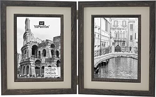 YiPinYin Carbonized Wood Effect Double Picture Frame 5 x 7'' With Inlay and Mount for 5 x 7''. Wood Pattern Picture frames with Glass Front for Desktop Or Wall Mounted