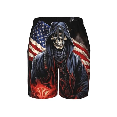 HERRECX Fireman American Flag Skull Skeleton Cool Boys Swim Trunks Swim Board for Teen Kid Shorts Surf Swimming Beach Trunks Large