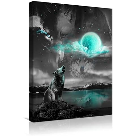 BOLDROLE Wolf Wall Art Animal Blue Moon And Wolf Decor Wolf Canvas Print Artwork Wolf Pictures Wall Decor For Living Room Bedroom Kitchen Bathroom Office Home Wall Decor Framed Ready To Hang 16"X20" Cover