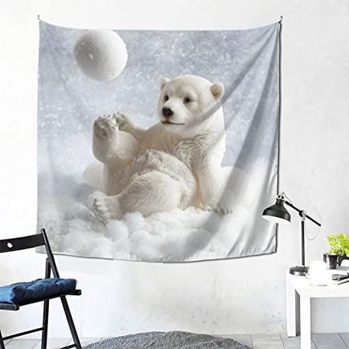 Funny Polar Bear Playing Snowball Print Indoor Tapestry Wall Hanging Print Tapestries Home Art Decor Large Size 59Ã—59 Inches For Living Room Bedroom Office And Study #TOP1