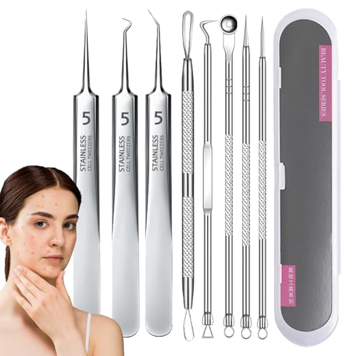 Herramienta De Remover Blackhead - 8pcs Pinzas De Granos Curvas | Extractor De Comedone De Granos Profesionales | Kit De Eliminación De Acné De Herramienta Popper Para Limpieza Profunda Y Tratamiento