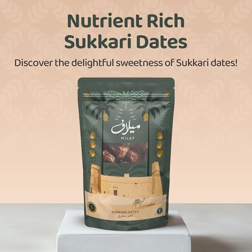 Milaf Sukkari Dates Natural Sweetness Premium Large Dates Nutrient-Rich High Fibre Energy Boost Pouch Convenient Storage Ideal Snacking Cooking Smoothies Sustainably Grown Fresh Dates (250g, Sukkari)