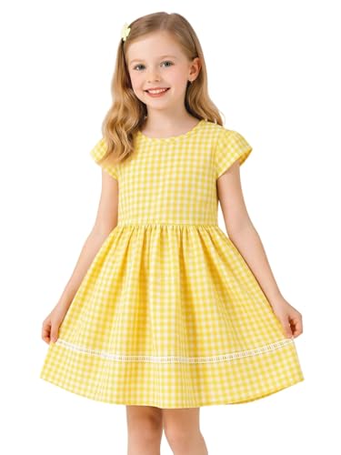 HILEELANG Girls Gingham Dress Yellow Bow Back Cotton Summer Dress for 3-13 Years Short Sleeve Plaid Dress