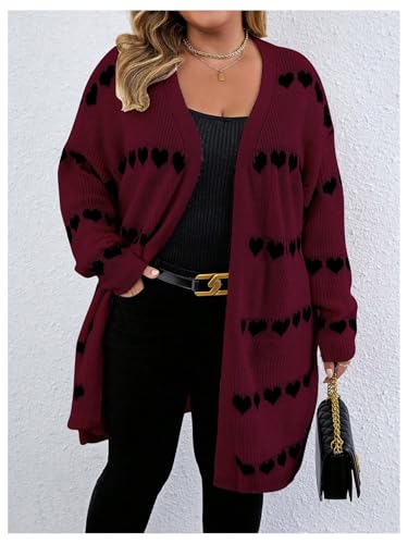 Image of MakeMeChic Women's Plus Size Long Cadigan Sweaters Casual Open Front Kint Lightweight Cadigan Heart Long Sleeve Outerwear