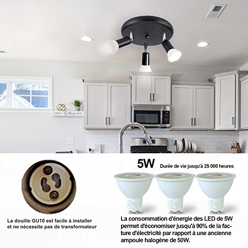 Sweier LED Ceiling Light GU10, 5W Rotatable 3 Way Black Spotlight 6000k Cool White for Kitchen Living Room - Image 4