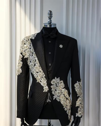 Men's Beads Suit 2 Piece Slim Fit Luxury Sequins Floral Tuxedo Prom Suits for Wedding Party Prom Peaked Lapel3