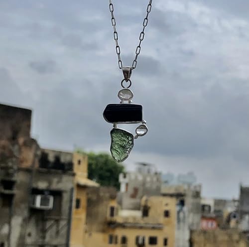 Genuine Moldavite Pendant With Black Tourmaline & Herkimer Diamond, 925 Sterling Silver Handmade Healing Crystal Jewelry, Raw Natural Stones, Spiritual Gift for Women4
