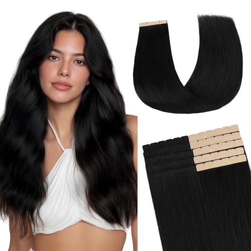 GOO GOO Tape in Hair Extensions Tape 201, 1 Jet Black, 22inch 40g 10pcs, Mini Tape Cut to Fit，Skin Weft Seamless Invisible, Remy Human Hair