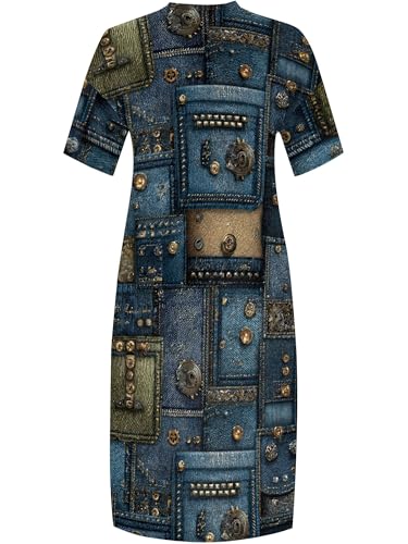 Image of SUZONANA Plus Size Denim Print Maxi Dresses for Women Casual V Neck Short Sleeve with Pockets Soft Jean Look Dress XL-6XL