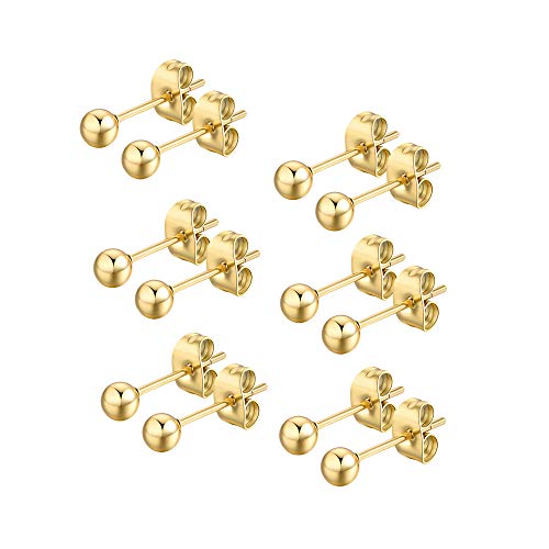 6 Pair Tiny Women 14K Gold Plated Ball Stud Earrings Surgical Stainless Steel Earrings Set, 2-6MM