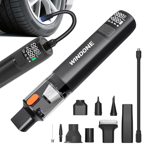 Windone Car Vacuum, 12000Pa 2-in-1 Cleaner & Tire Inflator 150PSI, 60W Brushless Motor, Cordless Handheld Vacuum & Air Pump with Pressure Gauge, LED Light, Multi-Nozzles for Car, Home, Office by Windone - Used condition - US$26.57
