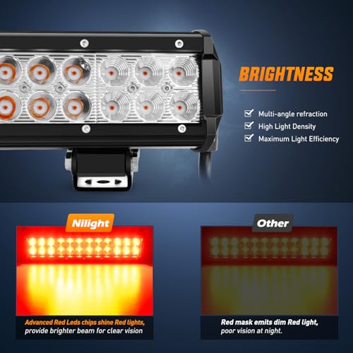 Image of Nilight LED Light Bar 12 Inch 72W Spot Flood Combo Red Beam Off Road Lights Fishing Hunting Emergency Deck Boat Work Lighting for Trucks UTV Pick-up Van Boat Tractor