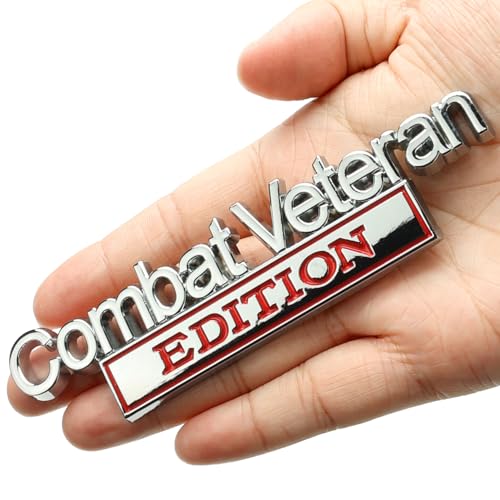 Image of Car Emblem for Combats Veteran Edition with 2 Adhesives, 3D Badge Decal for Trucks, Metal Stickers Replacement Compatible with Universal Vehicle, Veteran Gifts for Men (Silver & Red)