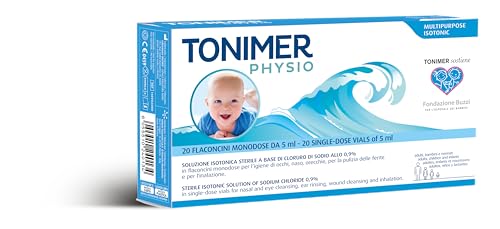 Tonimer Physio - 20 flaconcini monodose - Soluzione isotonica sterile con Cloruro di Sodio 0,9% per igiene nasale, oculare e auricolare - Anche per pulizia ferite e aerosol.