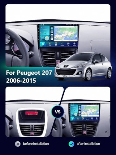 Radio coche 2 DIN con Android Auto inalámbrico y Bluetooth para Peugeot 207 7