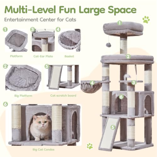 Image of Taoqimiao Sturdy Cat Tree, Cat Tower for Indoor Cats, Extra-Large Platform | 58.7Inch, Widened Cat Condo with Large Scratch Board, Top Perch, 6 Sisal Scratching Posts, Soft Basket, Light Gray, MS045W