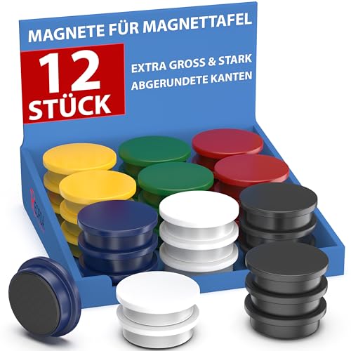 REORDA® Magnete für Magnettafel stark - 12x für Whiteboard, Pinnwand, als Kühlschrank Magnete & Tafelmagnete stark haftend, Magnete rund - Bunt