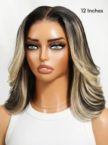 Image of Beauty Forever 7x5 Bye Bye Slip Glueless Lace Wig Human Hair Ash Blonde Highlight 14 Inch Feathered Layered Bob Wig Pre-Cut HD Lace Wear and Go Pre-Plucked Natural Hairline