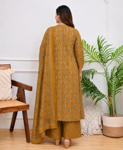 Image of GoSriKi Kurta Sets for Women Viscose Blend Printed | Kurti Set for Woman | Kurta Palazzo Dupatta Set | A Line Kurti | Mandarin Collar 3 /4 Sleeve Suit Set for Women Stylish Ethnic Outfit