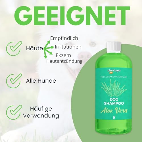 PLANTAWA - Aloe Vera Hundeshampoo 1L | Hundeshampoo für empfindliche Haut und Dermatitis | Anti-Irritation Action Allergenfrei, Parabenfrei, 100% Vegan mit natürlichen Extrakten