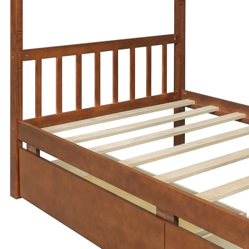 Image of Twin Size Wooden House Bed with Roof Frame and 2 Storage Drawers, Montessori Platform Bed with Headboard and Slat Support for Kids Teens Girls Boys, No Box Spring Needed (Walnut-04, Twin)