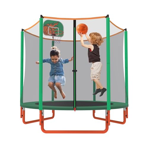 66'' Mini Trampoline for Kids with Enclosure & Basketball Hoop, 5.5FT No-Gap Toddler Trampoline for Indoor & Outdoor Use, 600LBS Capacity, Ideal Gift for Boys & Girls