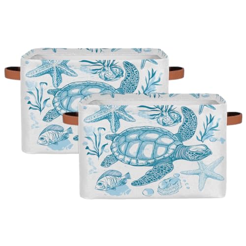 Image of Sea Turtle Storage Baskets for Organizing, Fabric Collapsible Storage Bins Box Ocean Animal Fish Decorative Toy Organizer Baskets for Closet Shelves Gift Basket 2Pcs
