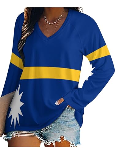 Blusa Y Camisas De Manga Larga para Mujer con Cuello En V, Camiseta De Estilo Casual Elegante Ajustada Oversized Deportiva Fiesta Bandera De Nauru De Color Sólido Túnica Tops Mangas