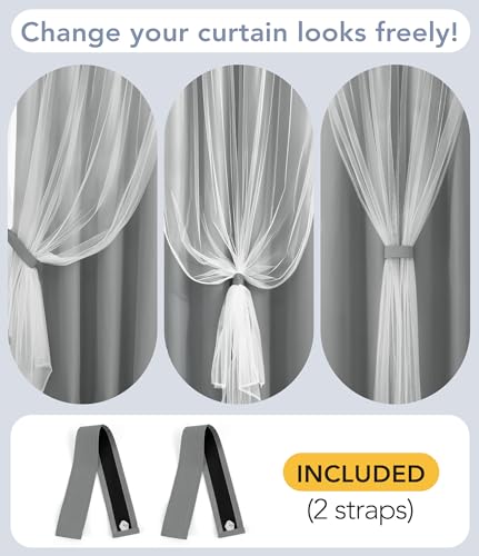 Image of 100% Blackout Curtains with Sheer Overlay, Grey, 52 x 84 inch, 2 Panels | For Bedroom Living Room Window, Room Darkening, Thermal Insulated, Grommet Top, Summer Heat Blocking, Double Layer Design