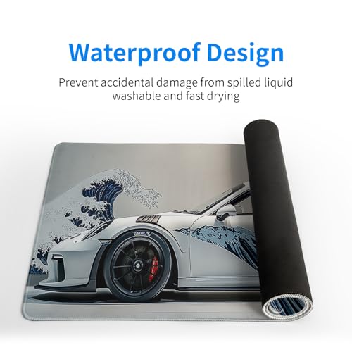 White Ukiyo-e Style Sports Car Large Gaming Mouse Pad Desktop Mat