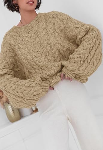 Image of PRETTYGARDEN Womens Sweaters Spring 2026 Cable Knit Long Sleeve Crewneck Oversized Sweater Chunky Pullover Loose Outfits