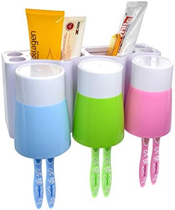 EWONG Multi-Functional Anti-dust Toothbrush Holder Wall Mount with 3 Cups for Bathroom