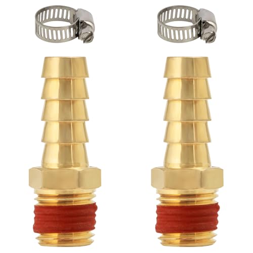 SUNGATOR 2-Pack 3/8 Barb to 1/4 NPT Air Hose Fittings Brass Air Hose Repair Kit with Sealant 3/8 Barb to 1/4 NPT Male Brass Fittings Barbed Gas Line Repair Connectors with 2 Clamps