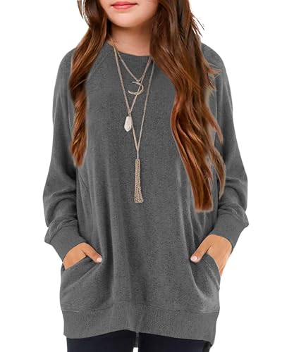 Image of Girls Shirts for 6-13 Years Long Sleeve Crewneck Tops with Pockets