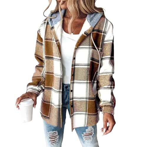 Plaid Jacket for Woman Drawstring Flannel Sweatshirt Hoodied Jacket Casual Loose Fit Button Down Blouse Tops Ropa De OtoñO Para Mujer 2025 Plus Size Fleece Sherpa Lined Jackets Warm CoatsOrange,3XL