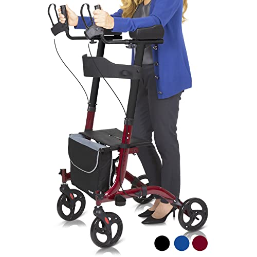 Vive Mobility Upright Walker with Seat - Stand Up Rollator, Arm Rests, Heavy Duty, Folding Medical Aid Scooter for Elderly, Seniors - Walking Assist, Foldable Transport Chair - 300 lb Capacity