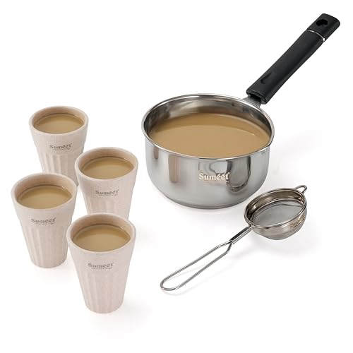 Image of Sumeet ISI Certified Stainless Steel Induction & Gas Stove Friendly Saucepan /Milk Pan /Tea Maker - 800ml with Stainer & 4Pc Tea Cups Made of Husk - 200ml Perfact Tea Set Combo