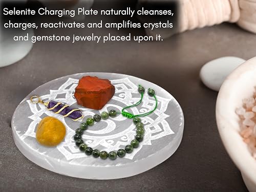 Amazing Gemstone Selenite Crystal Charging Plate For Crystals And Healing Stones, 3" Selenite Crystal Plate Engraved Flower of Life with OM Coaster For Home, Office Table Decor (Selenite Round Disc)