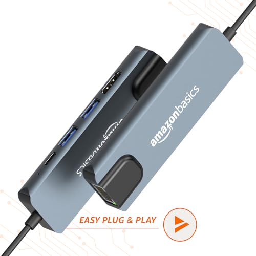 Image of Amazon Basics 5-in-1 Hub Multiport Adapter, USB Type-C, USB 3.0 Port, USB 2.0 Port, 4K@60hz HDMI, 100W PD Fast Charging, 100Mbps Ethernet for MacBook, DELL, HP, Lenovo & Other Type C Devices