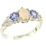 925 Sterling Silver Real Genuine Opal and Tanzanite Womens Promise Ring - Size 9