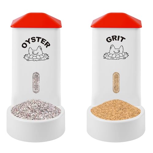 2 Pack Chicken Grit and Oyster Shell Feeder Automatic PVC Chicken Feeder with Visual Window and Lid Hanging Chicken Feeder for Strong Eggs Healthier Poultry