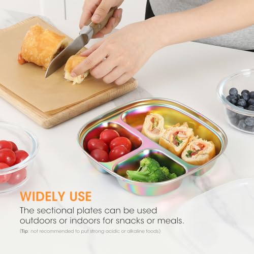 AIEVE Stainless Steel Kids Plates, Pack of 4 Stainless Steel Divided Toddler Plate with Lids