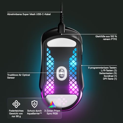 SteelSeries Aerox 5 - RGB Gaming-Mouse mit Öffnungen in der Oberfläche - Federleicht und wasserabweisend - Optischer TrueMove Air-Sensor mit 18.000 DPI – Bild 3