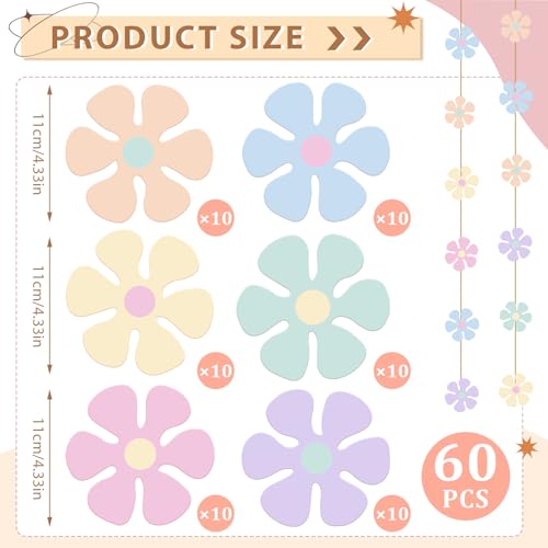Image of Henoyso 60 Pcs Groovy Party Decorations Retro Flower Daisy Decor,4.33 Inch | vibrant retro colors, waterproof glossy paper, double-sided print, for party wall classroom DIY decor
