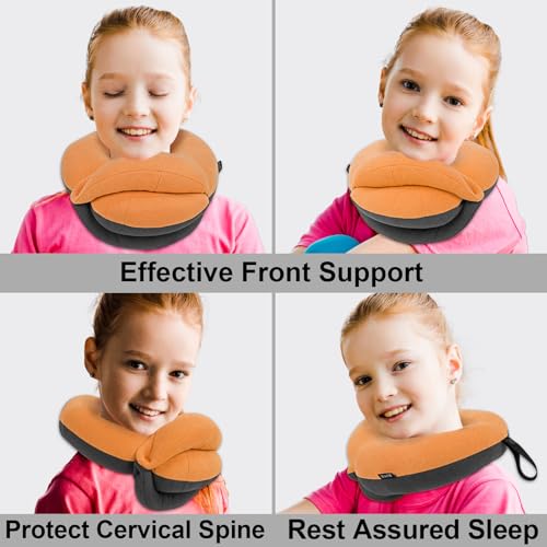 BUYUE Kids Travel Pillows for Airplane, 360° Head Support Sleeping Essentials for Boys Long Flight, Skin-Friendly Soft Neck Pillow for Traveling in Car Seat, (Small, Orange Grey, 40-90 lbs)