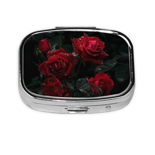 Red Roses プリントピルボックス トラベルスクエアピルオーガナイザー ポータブルピルケース ミラーと2つのコンパートメント付き