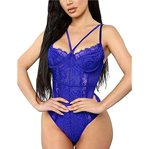 BESDEL Women One Piece Lingerie Lace Bodysuit Deep V Teddy Mini Babydoll Royal Blue L Cover