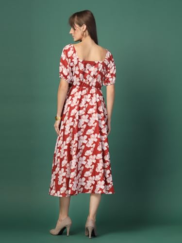 Image of OOMPH! Below Knee Shift Pink Dress in Crepe Fabric with Round Neck and Puff Sleeves - md619l