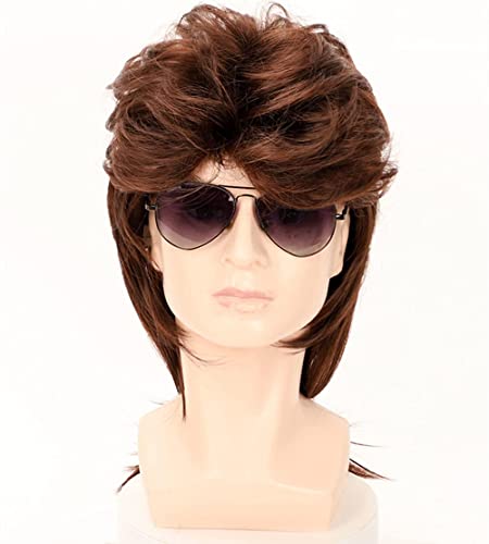 Image of Swiking Mullet Wigs for Men Brown Replacement Wigs 70s 80s Curly Retro Disco Rocker Punk Fancy Natural Hair Party Cosplay Costume Mens Full Wigs